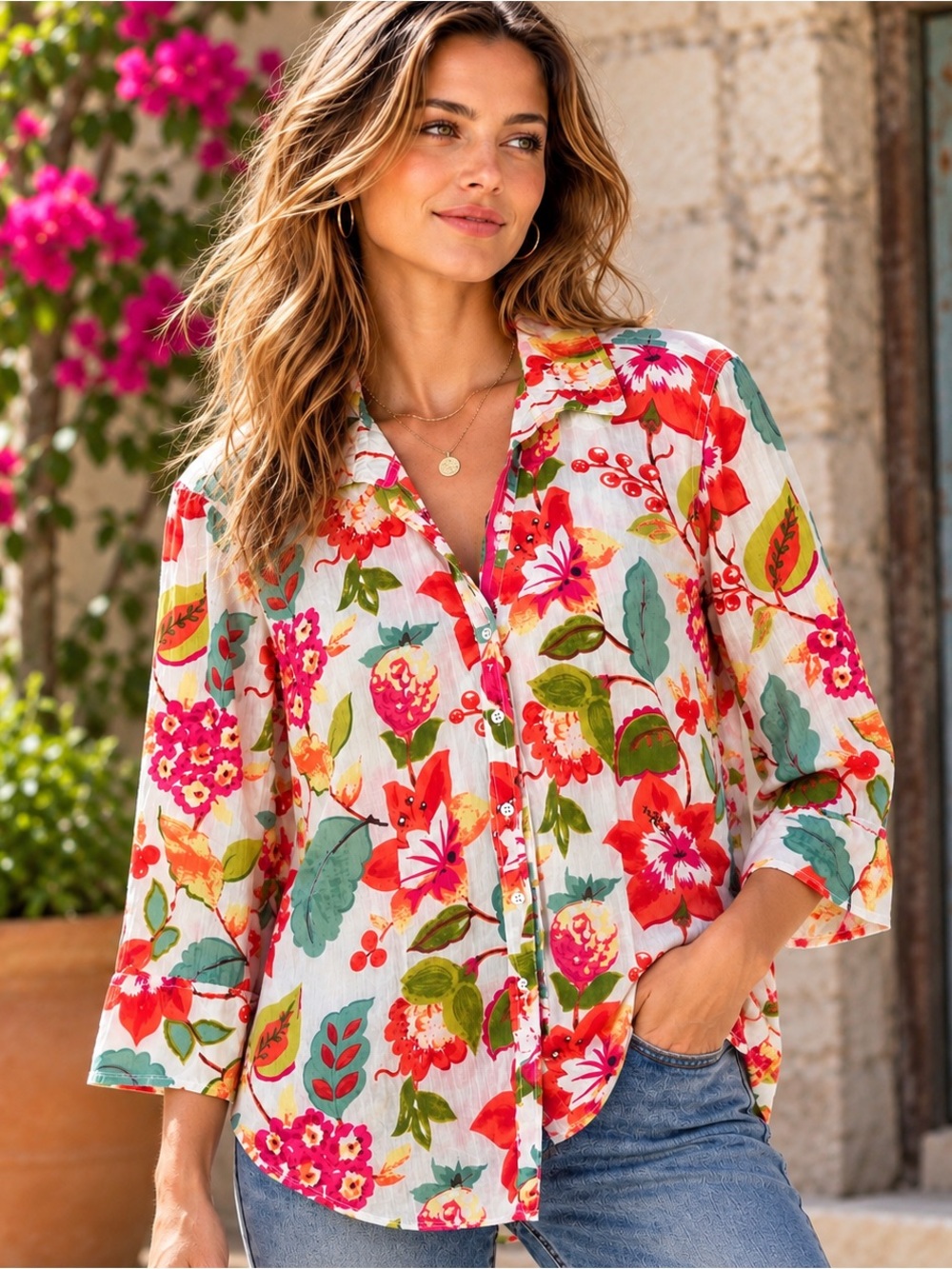 CINO Floral Crinkle Cotton Blouse Large Ribbon Detail Boho Button Front